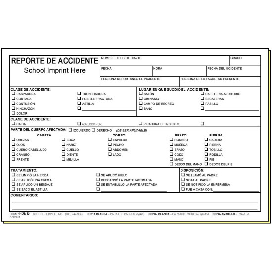 112NS1 - Injury Report - Bilingual w/School Imprint