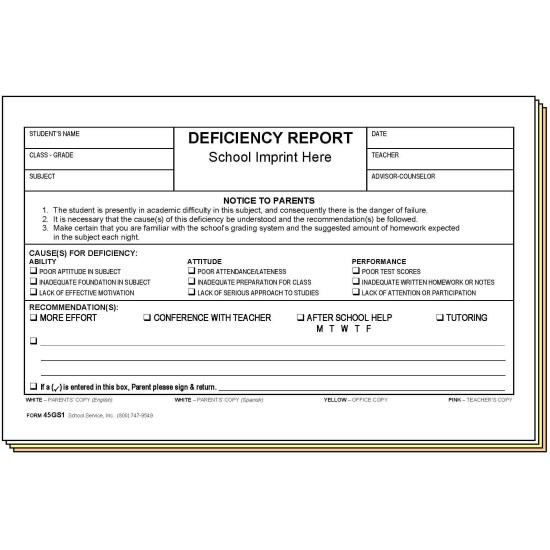 45GS1 - Deficiency Report - Bilingual w/School Imprint