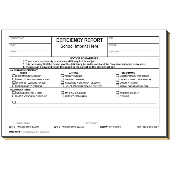 45RPS1 - Deficiency Report - Bilingual w/School Imprint