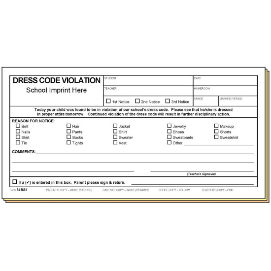 54BS1 - Dress Code Violation - Bilingual w/School Imprint