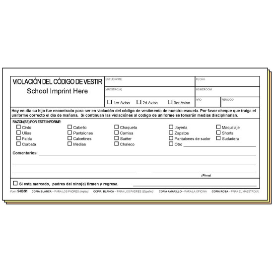 54BS1 - Dress Code Violation - Bilingual w/School Imprint