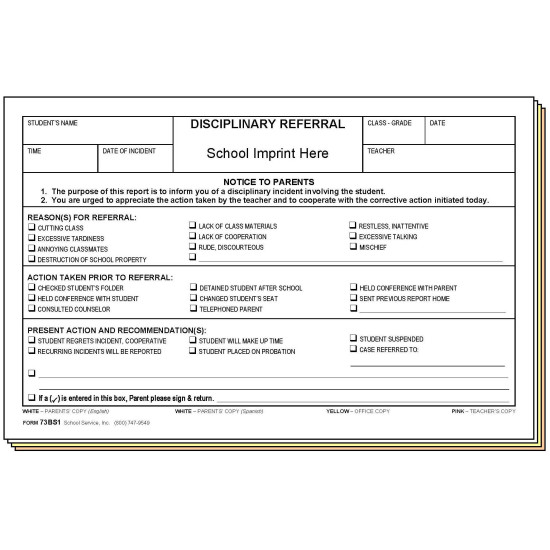 73BS1 - Disciplinary Referral - Bilingual w/School Imprint