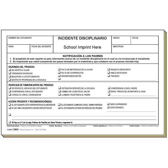 73BS1 - Disciplinary Referral - Bilingual w/School Imprint