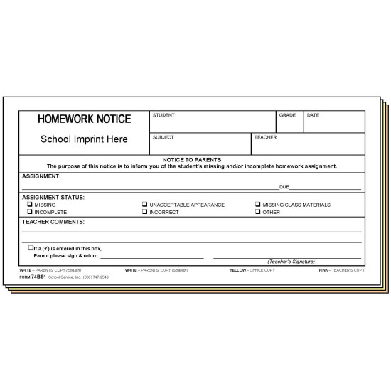 74BS1 - Homework Notice - Bilingual w/School Imprint