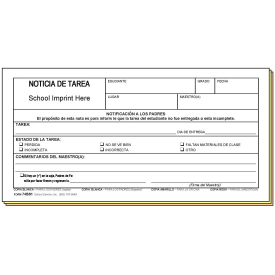 74BS1 - Homework Notice - Bilingual w/School Imprint