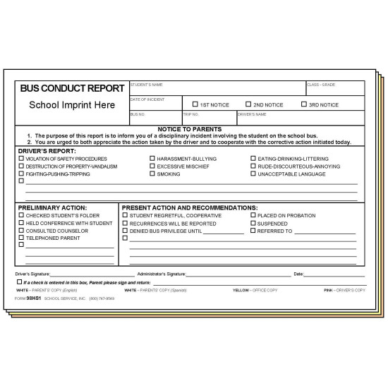 98HS1 - Bus Conduct Report - Bilingual w/School Imprint