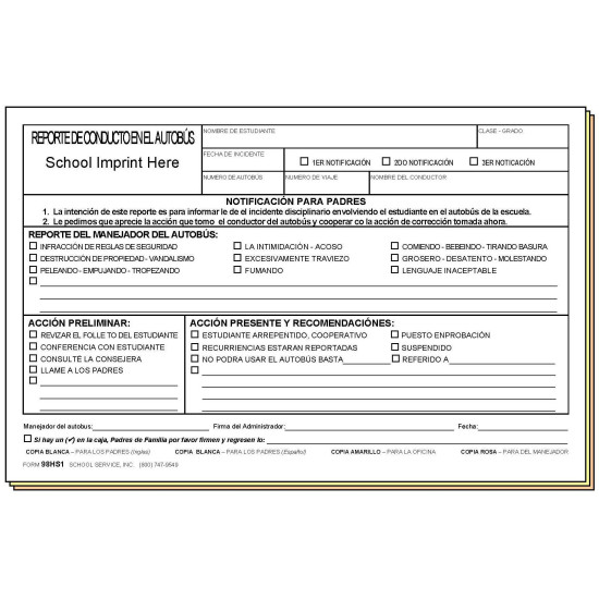 98HS1 - Bus Conduct Report - Bilingual w/School Imprint