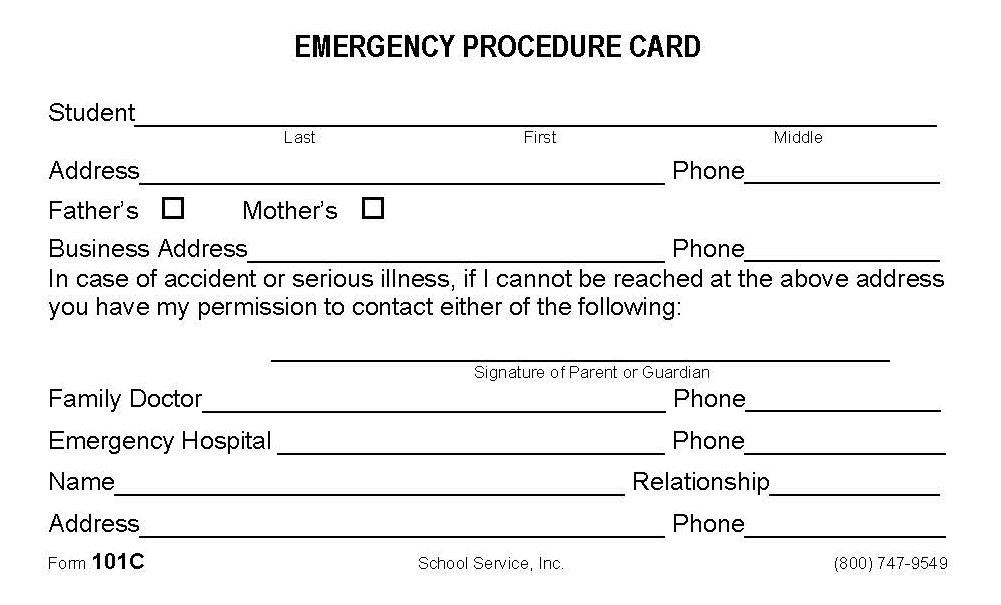 101c-emergency-procedure-card for Free Printable In Case Of Emergency Forms 101C - Emergency Procedure Card for Free Printable In Case Of Emergency Forms