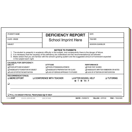 45GP - Deficiency Report (Parent's Signature) w/School Imprint
