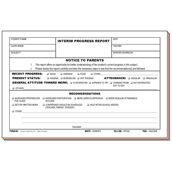 45JP - Interim Progress Report w/Parent's Signature