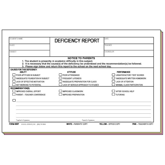 45RP - Deficiency Report w/Parent's Signature