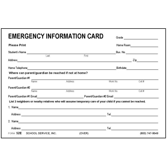 52E - Large Emergency Information Card 52E - Large Emergency Information Card