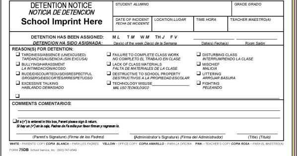 75DB - Detention Notice w/School Imprint - Bilingual