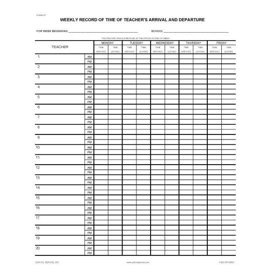 87 - Record of Teachers Arrival & Departure