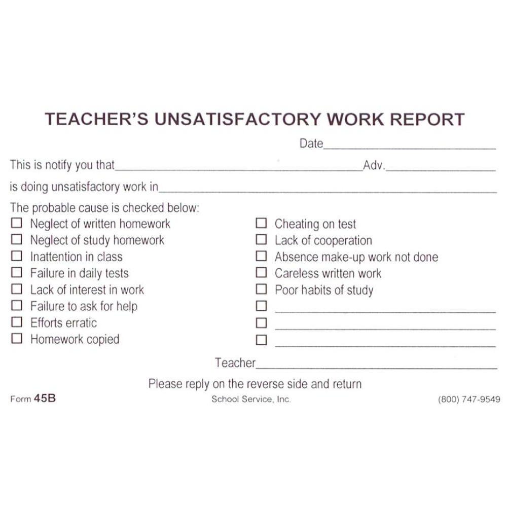 45B Teacher s Unsatisfactory Work Report 45b teacher s unsatisfactory work report